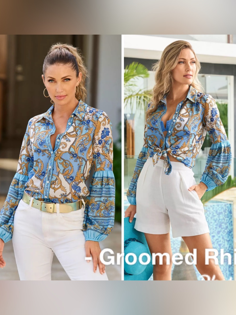 Boston Proper Regal Resort Print Puff Sleeve Shirt Size L